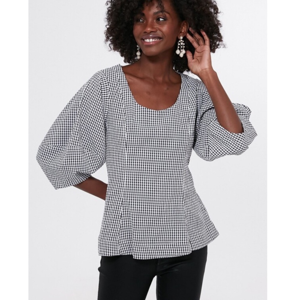 POMANDER PLACE TUCKERNUCK Malarie Top Black and White Gingham Check Puff Sleeves